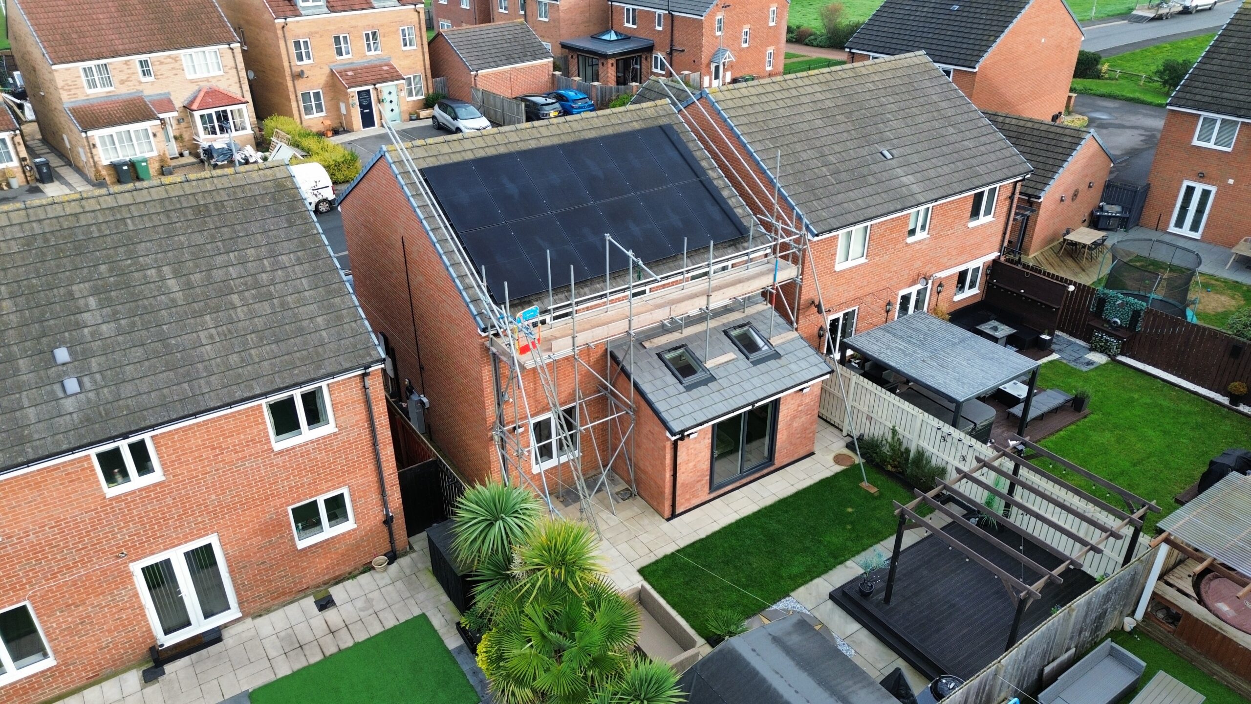 Aerial view of a solar panel array